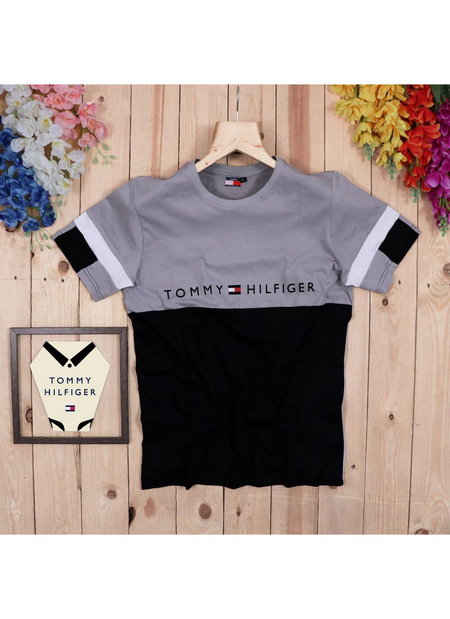 Grey Black Outluk Round Neck Half Sleeve Cotton Two Colour Pattern T-Shirt 002